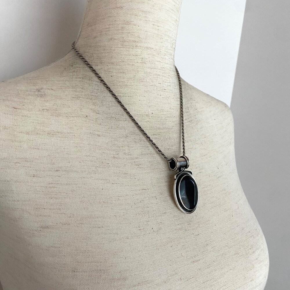 Sterling Silver 925 2" Chunky Oval Black Onyx Pendant Necklace 18" Rope Chain - Picture 7 of 16